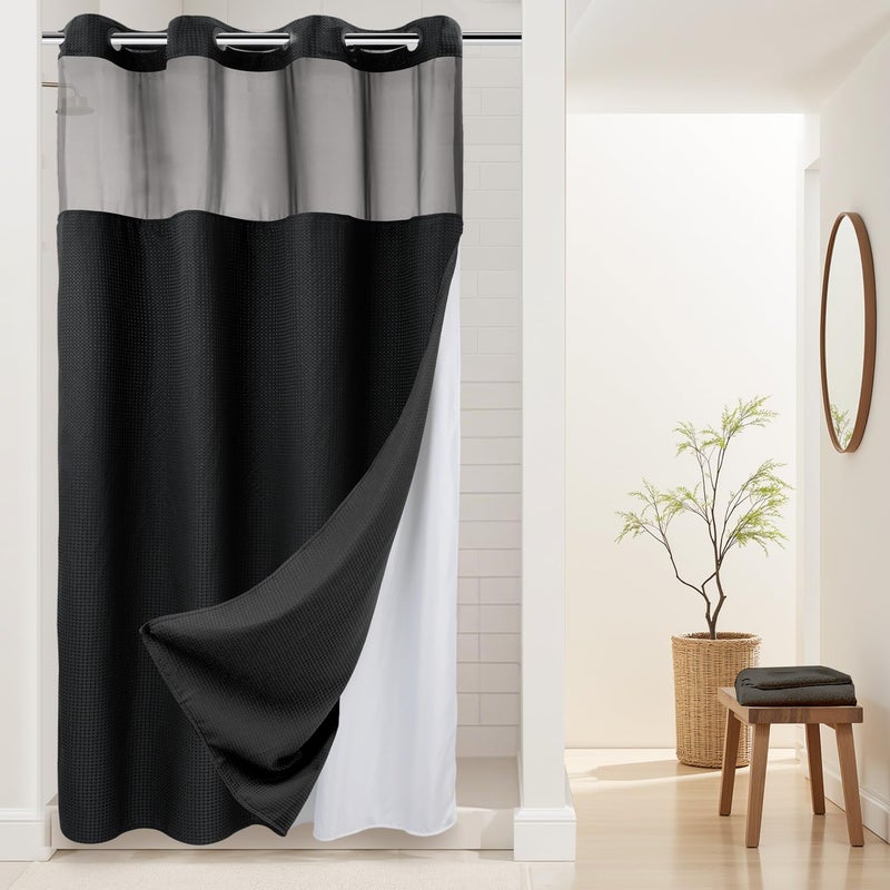 River Dream Heavyweight No Hooks Required Dotted Waffle Weave Shower Curtain with Snap in Liner -Stall 54W x 80H,Hotel Grade,Spa Like Bath Curtain,Black - Image 1